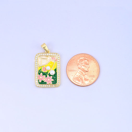 Flower Rectangle Charm Pendant in gold, pink, green, yellow and white