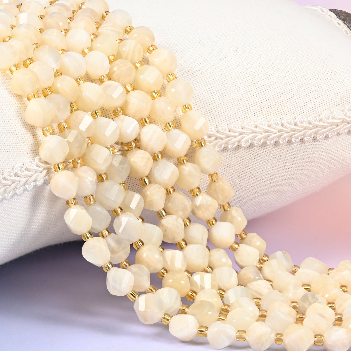 White Moonstone faceted spiral twist beads