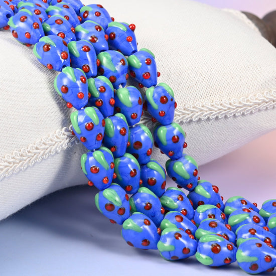 Dark Blue Red Dots Strawberry Glass Beads