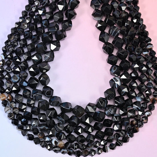 Black Strip Agate Diamond Cut Beads 6mm 8mm 10mm, hole approximately 1.0mm (+/- 0.2mm)