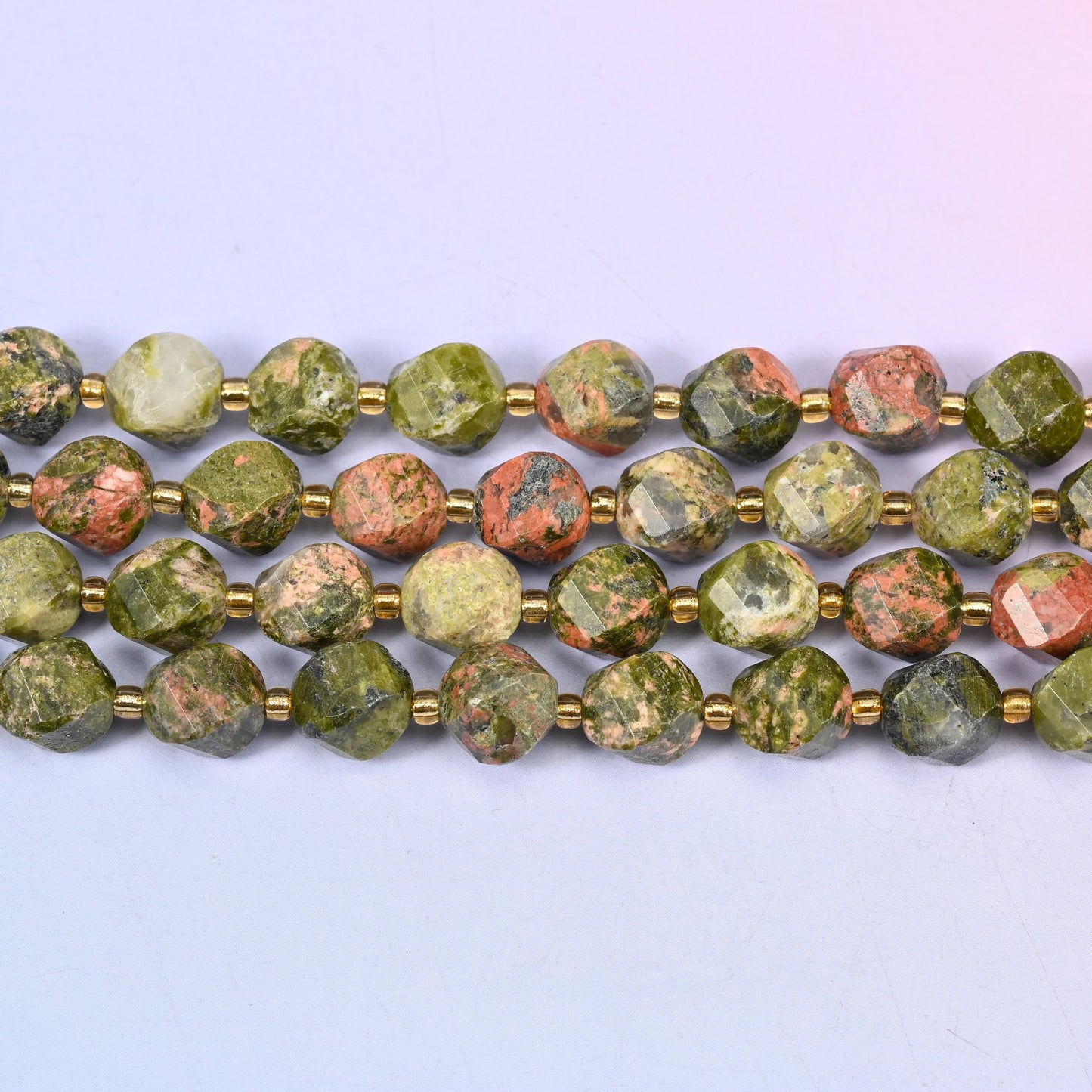 Unakite natural stone beads, 10mm faceted spiral twist cut, full strand