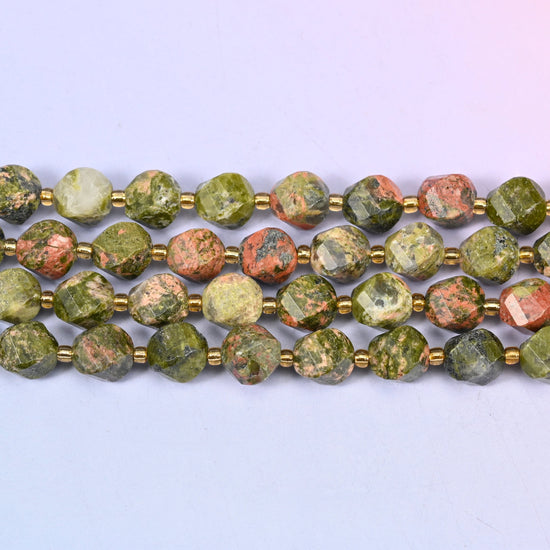 Unakite natural stone beads, 10mm faceted spiral twist cut, full strand