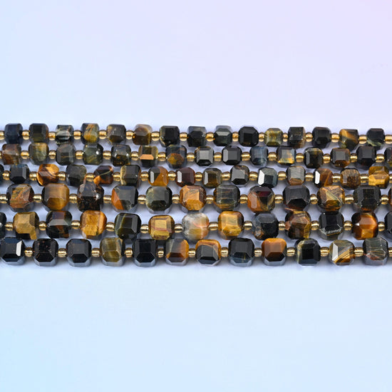 Iron Tiger Eye Faceted Cube Beads in golden brown, charcoal and near-black