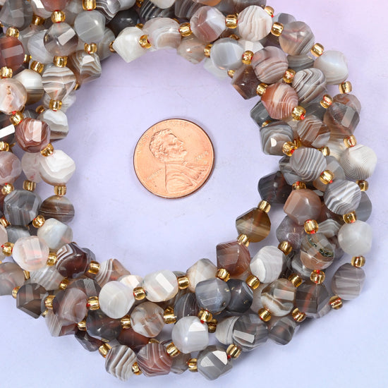 Botswana agate natural stone beads for bracelet, necklace and earring designs, 8mm faceted spiral twist strand