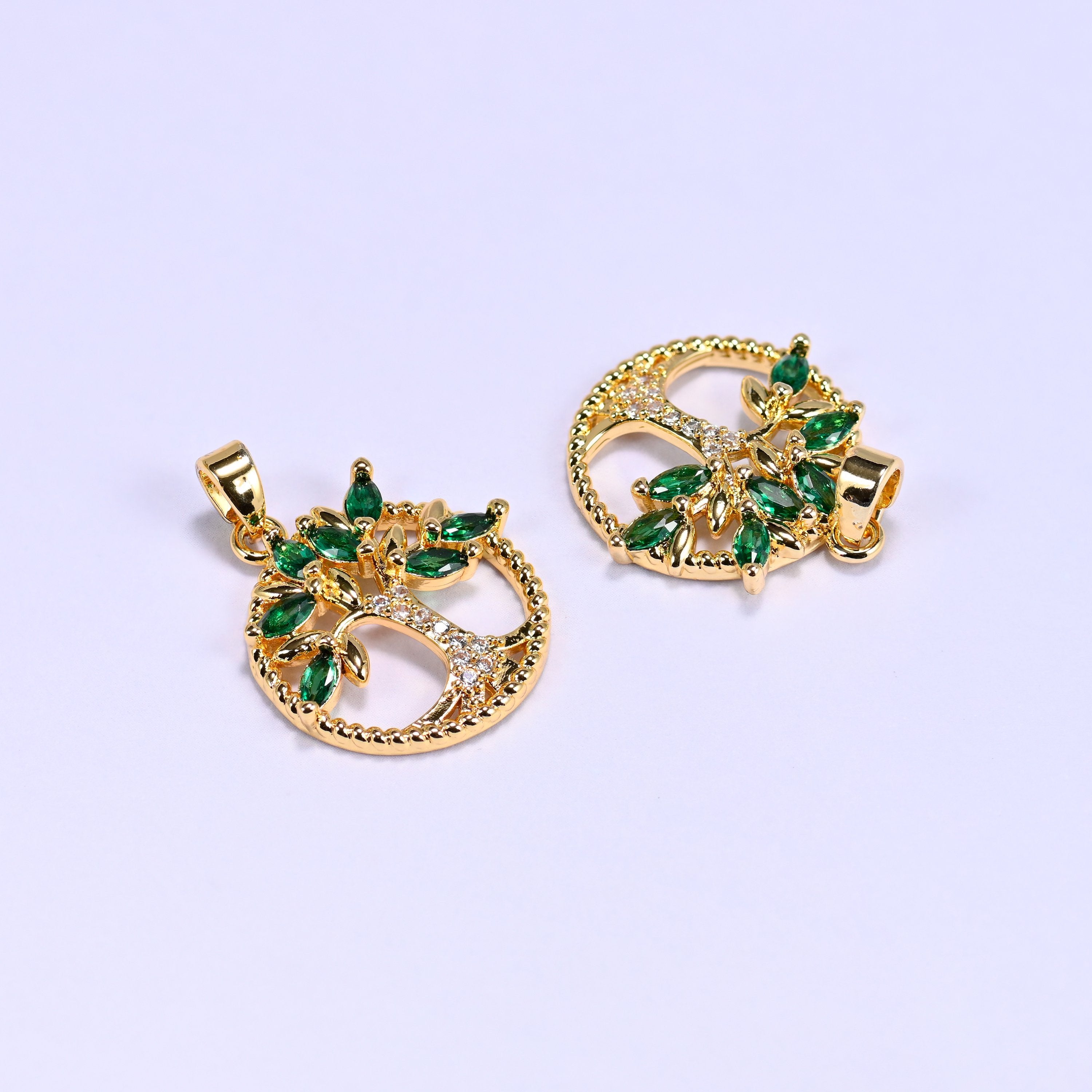 Round Green Leaf Tree Zircon Charms, sold individually