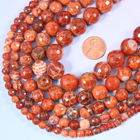Fire Agate Faceted Round Beads, 15 inch strand
