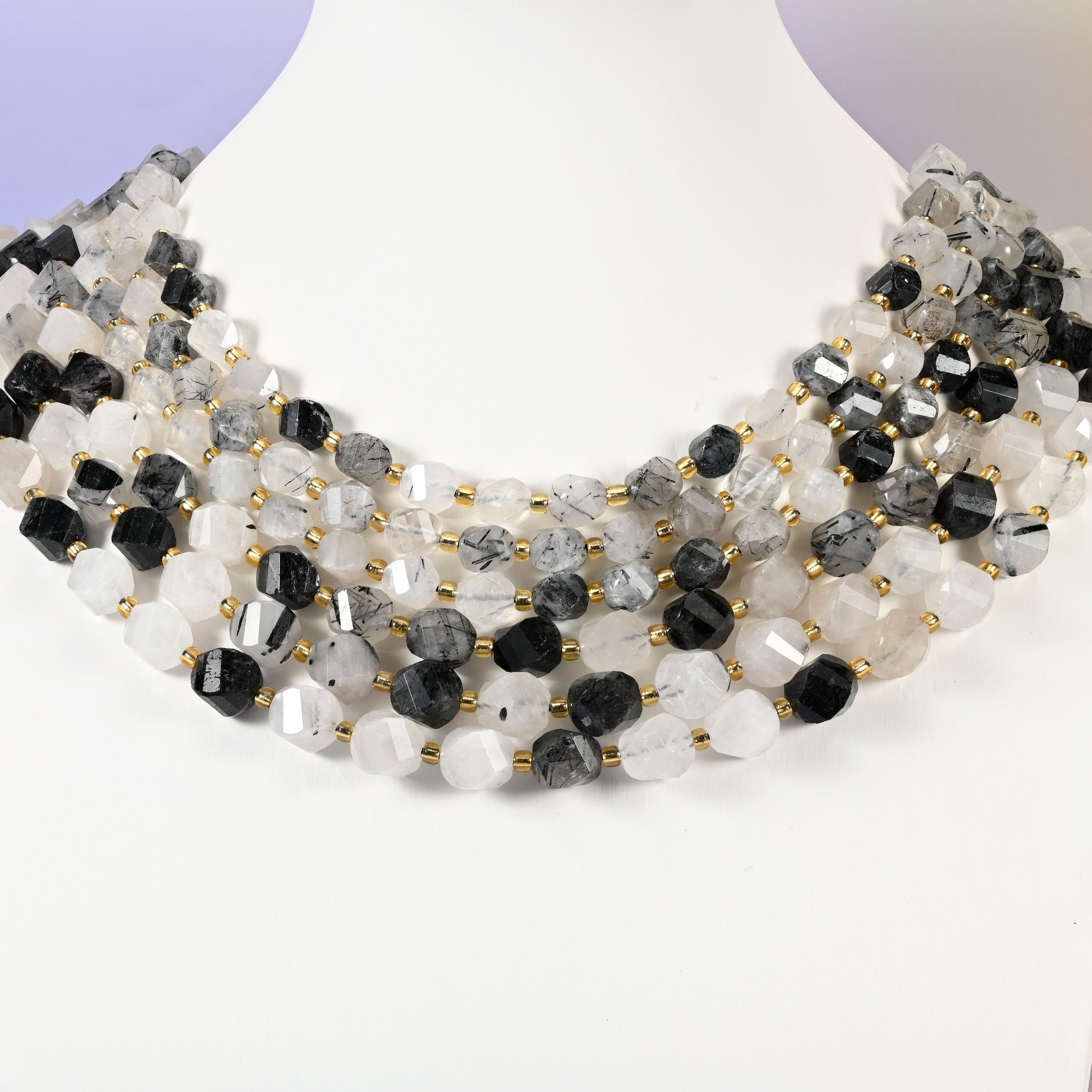 Black Rutilated Quartz beads, faceted spiral twist, 8mm and 10mm