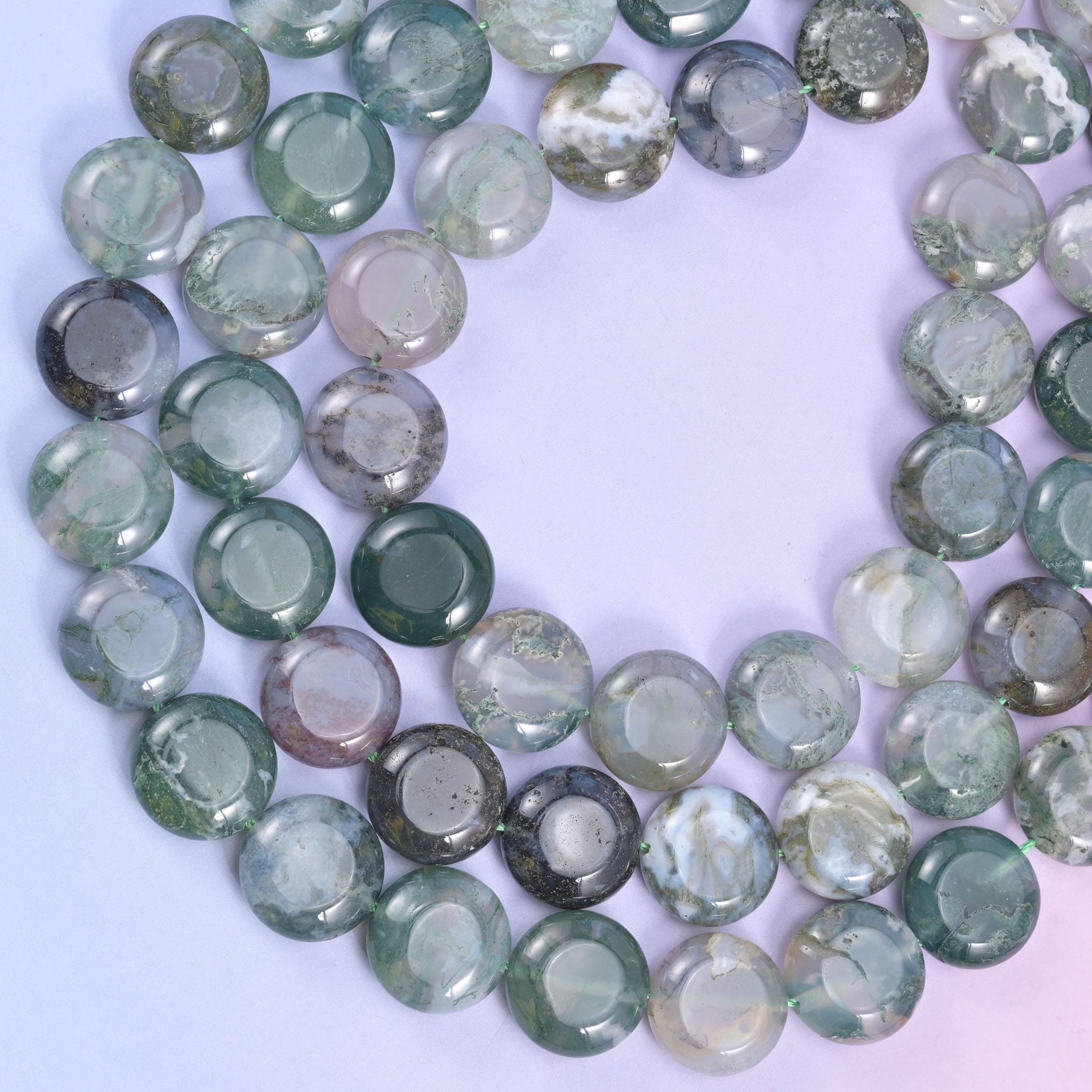 Natural Moss Agate smooth coin beads for statement necklaces and bracelets
