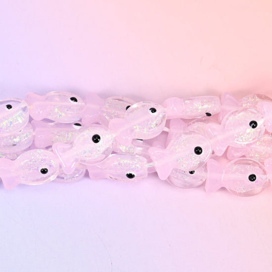 Iridescent Pink Fish Glass Beads, 20 pieces per strand
