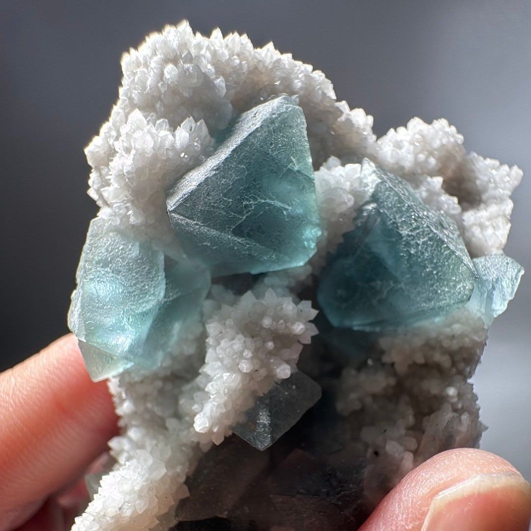 White Frosted Crystal with Blue Green Cubic Fluorite Specimen, weight 3.5 oz