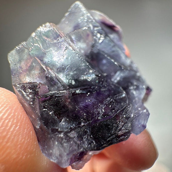 Angled view of intergrown Fluorite cubes with deep violet cores