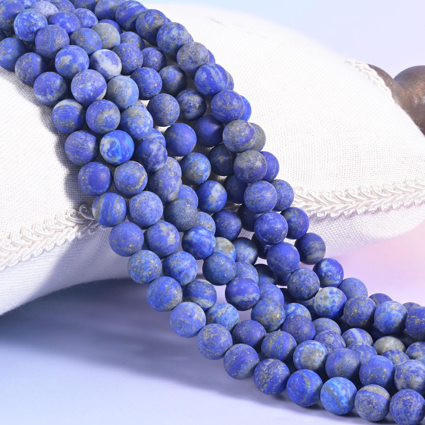 Lapis Lazuli Matte Round Beads, deep denim blue with gold pyrite flecks