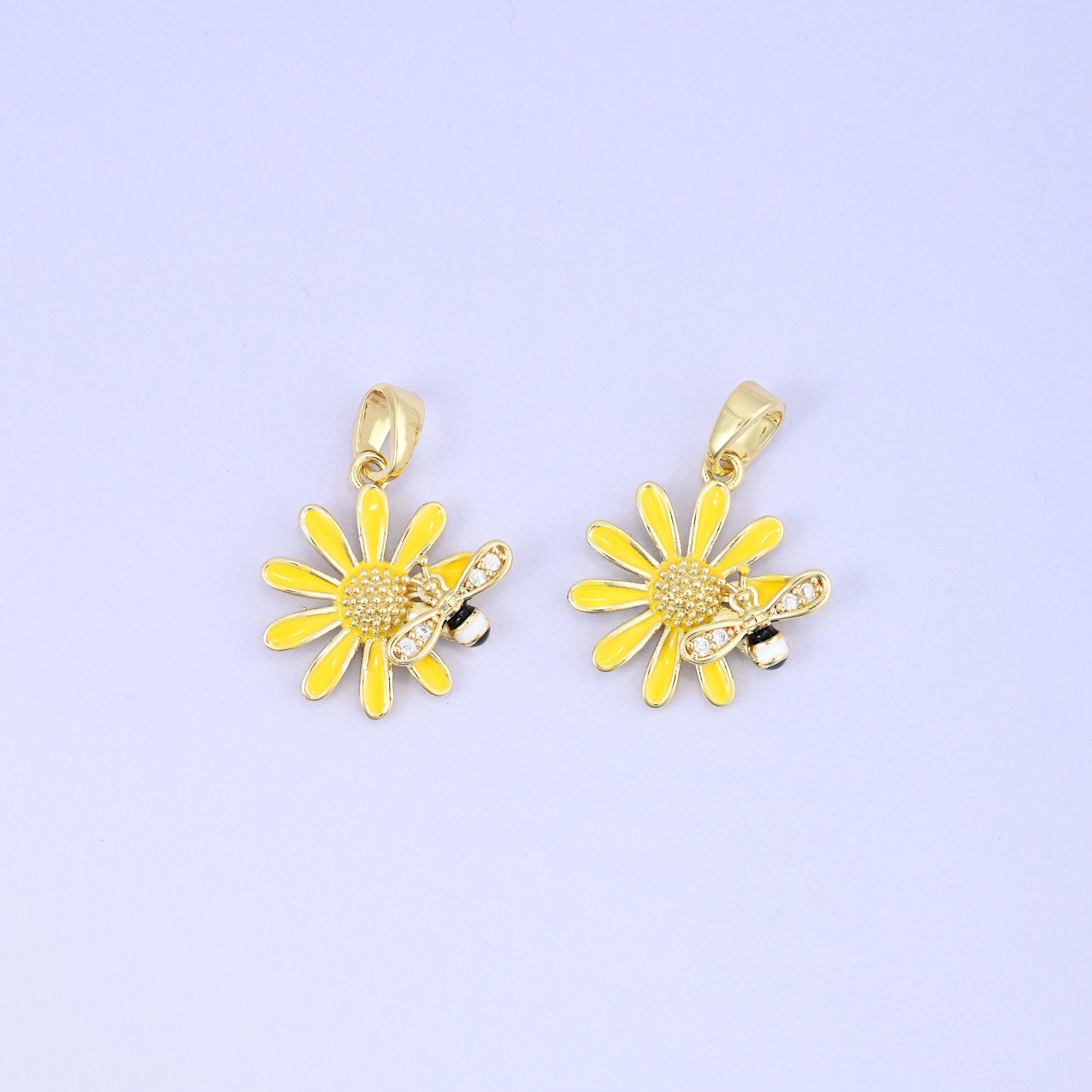Yellow Sunflower Bee Enamel Charms: 18K Gold Plated Pendants, Jewelry Making Supply
