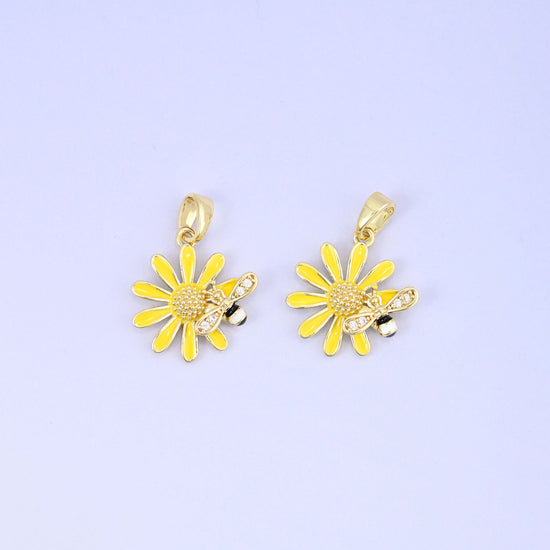 Yellow Sunflower Bee Enamel Charms: 18K Gold Plated Pendants, Jewelry Making Supply