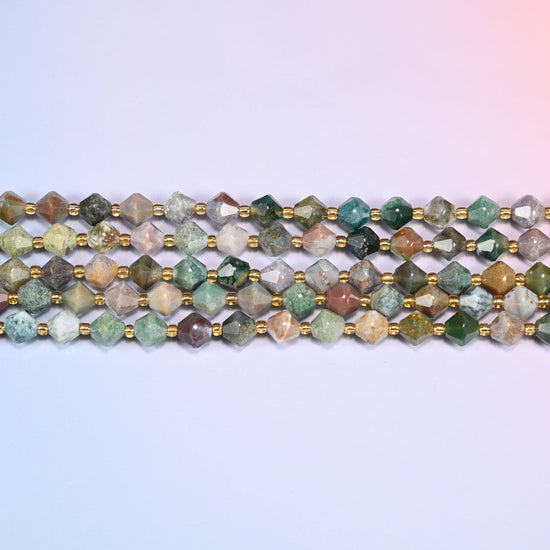 Indian Agate faceted bicone beads 8mm with gold-tone spacers, strand laid straight in a wide view showing the multicolor beads