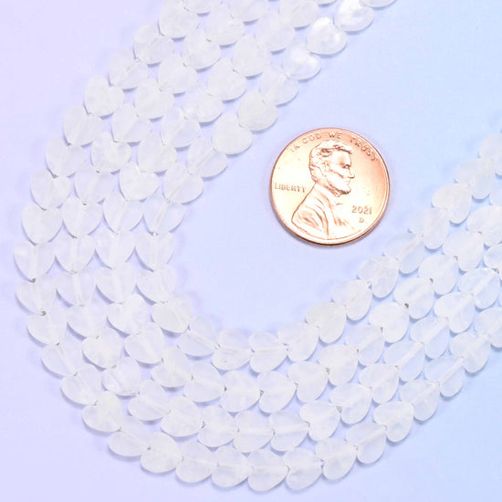 Matte Clear Quartz Flat Heart Beads: Size 6mm, Jewelry Making, 15 Inch Strand