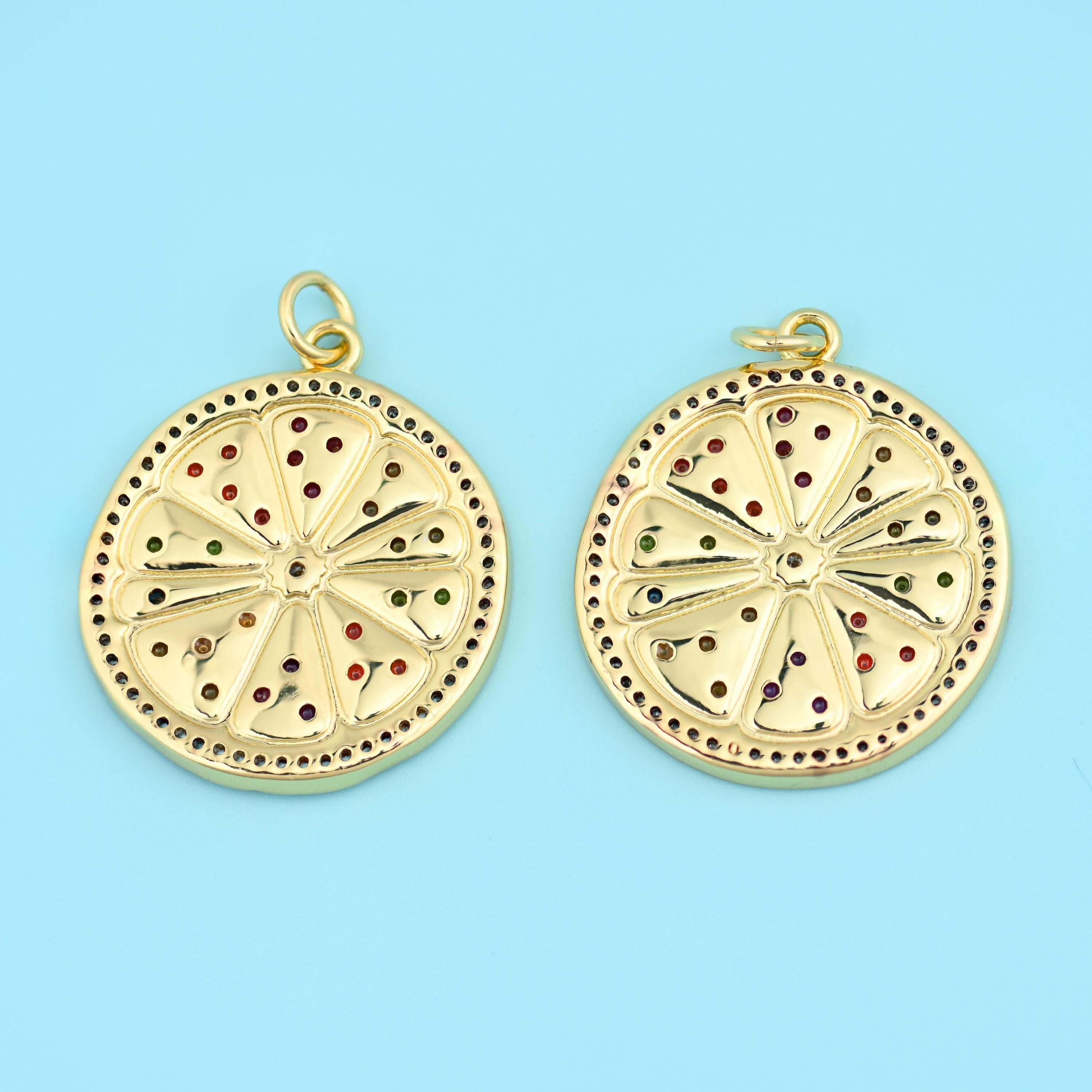 18K Gold Filled Enamel Zircon Citrus Slice Pendant 25x22mm, 1 Piece