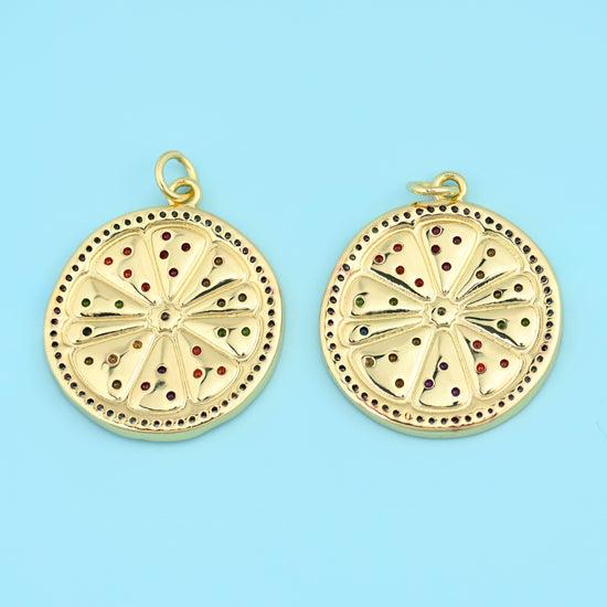 18K Gold Filled Enamel Zircon Citrus Slice Pendant 25x22mm, 1 Piece