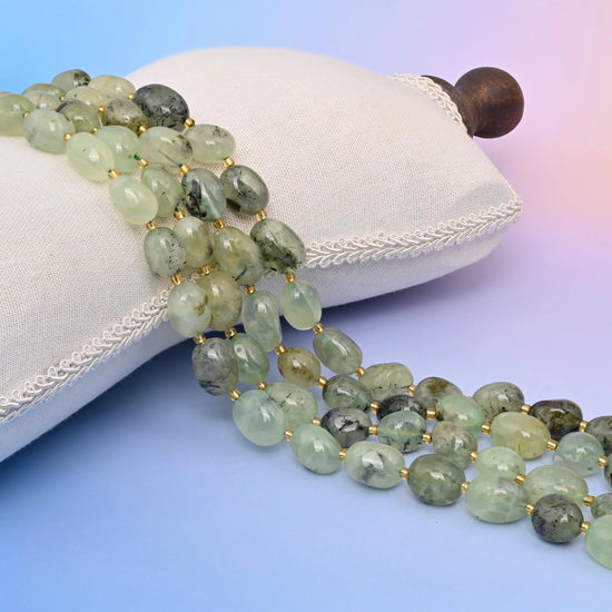 Natural Green Prehnite oval nugget beads with a smooth, richly colored finish