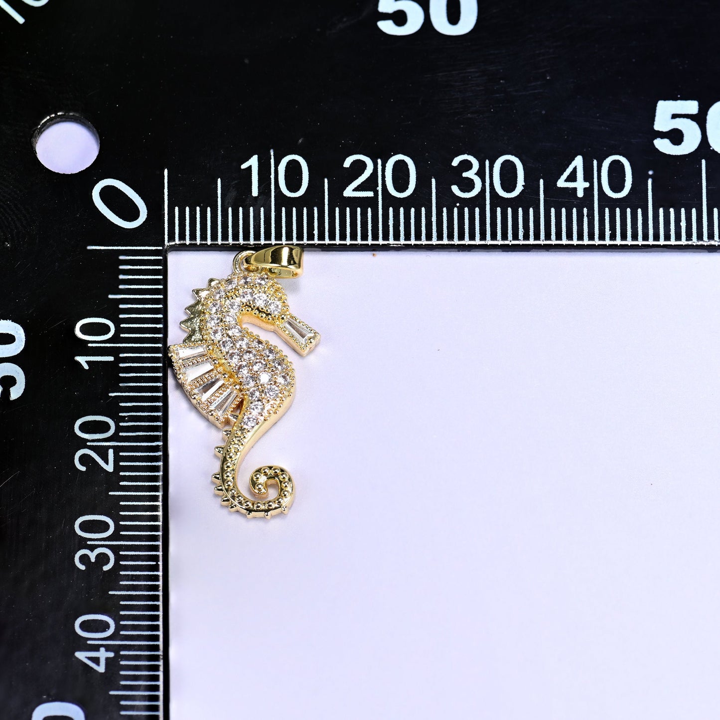 18K Gold Plated Brass Seahorse Charm Pendant fully paved in sparkling round and baguette clear zircon