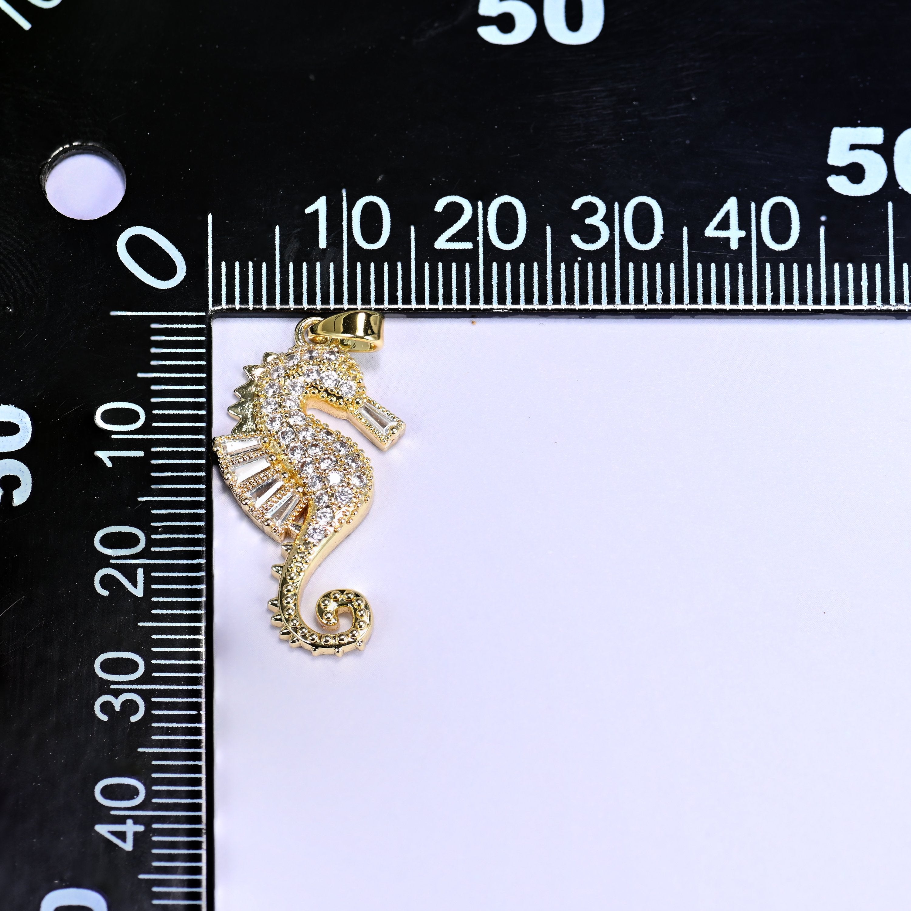 18K Gold Plated Brass Seahorse Charm Pendant fully paved in sparkling round and baguette clear zircon