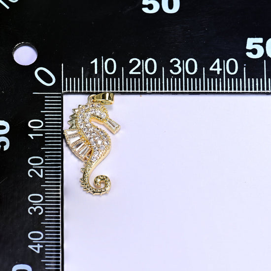 18K Gold Plated Brass Seahorse Charm Pendant fully paved in sparkling round and baguette clear zircon