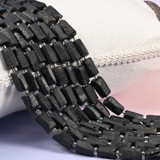 Raw Black Tourmaline Faceted Tube Beads
