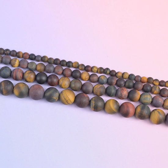 Tricolor Tiger Eye Matte Round Beads in honey gold, blue-grey and rust red