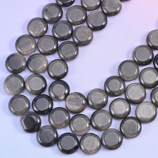 Silver Obsidian coin beads, 1.2mm centre-drilled hole
