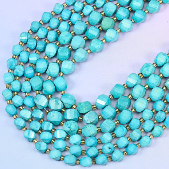 Dyed Lake Blue Howlite faceted spiral twist beads, 15 inch strand