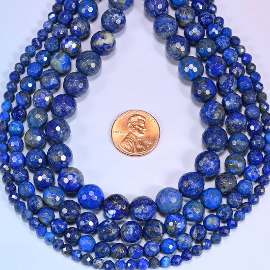 Lapis Lazuli Faceted Round Beads, approximately 86 beads at 4mm and 35 at 10mm per strand.