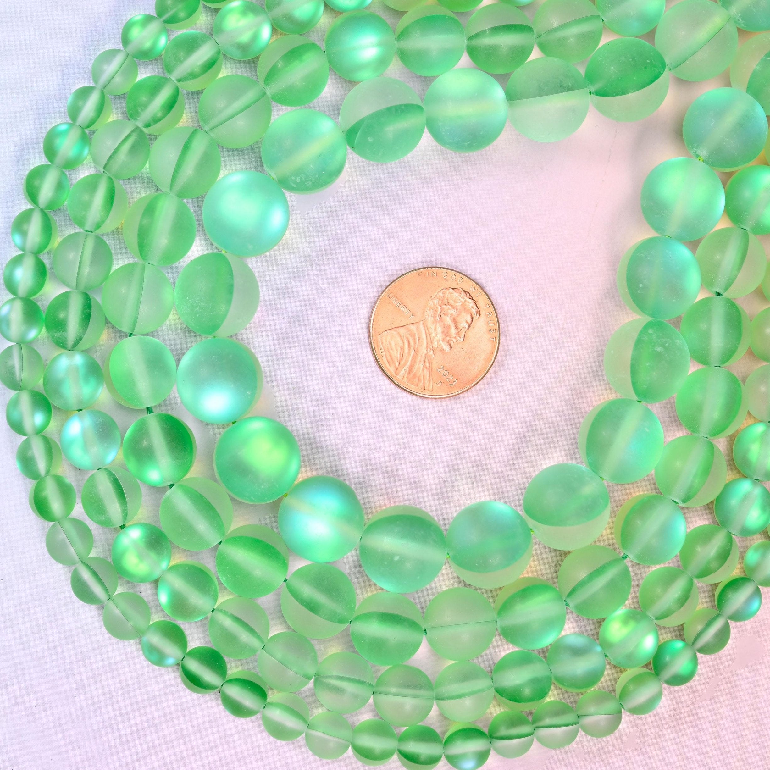 Iridescent Matte Green Round Glass Beads, sold per 15 inch strand