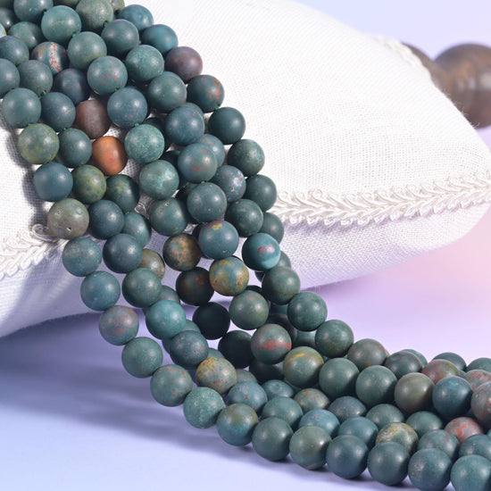 Oriental Jasper Matte Round Beads, deep pine and teal green with a dry frosted surface