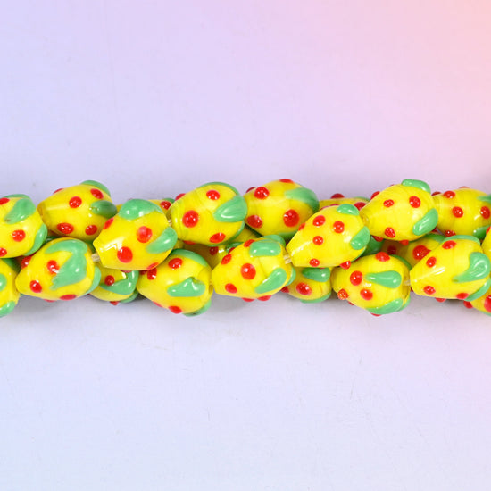 Yellow Red Dots Strawberry Glass Beads, sold per 12 inch strand, 20 pieces