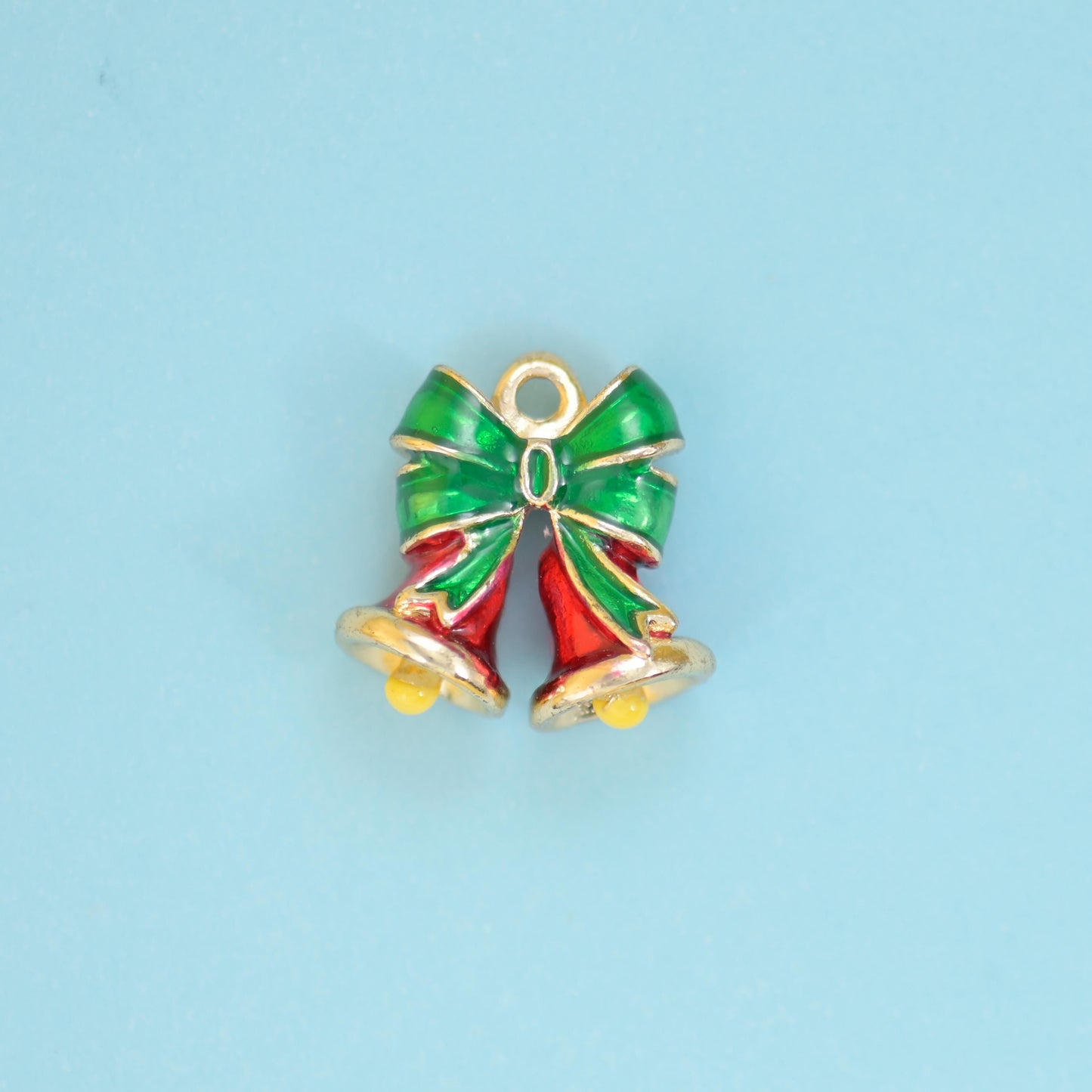 Brass beads, christmas bell pair with a bow, 13 x 12mm