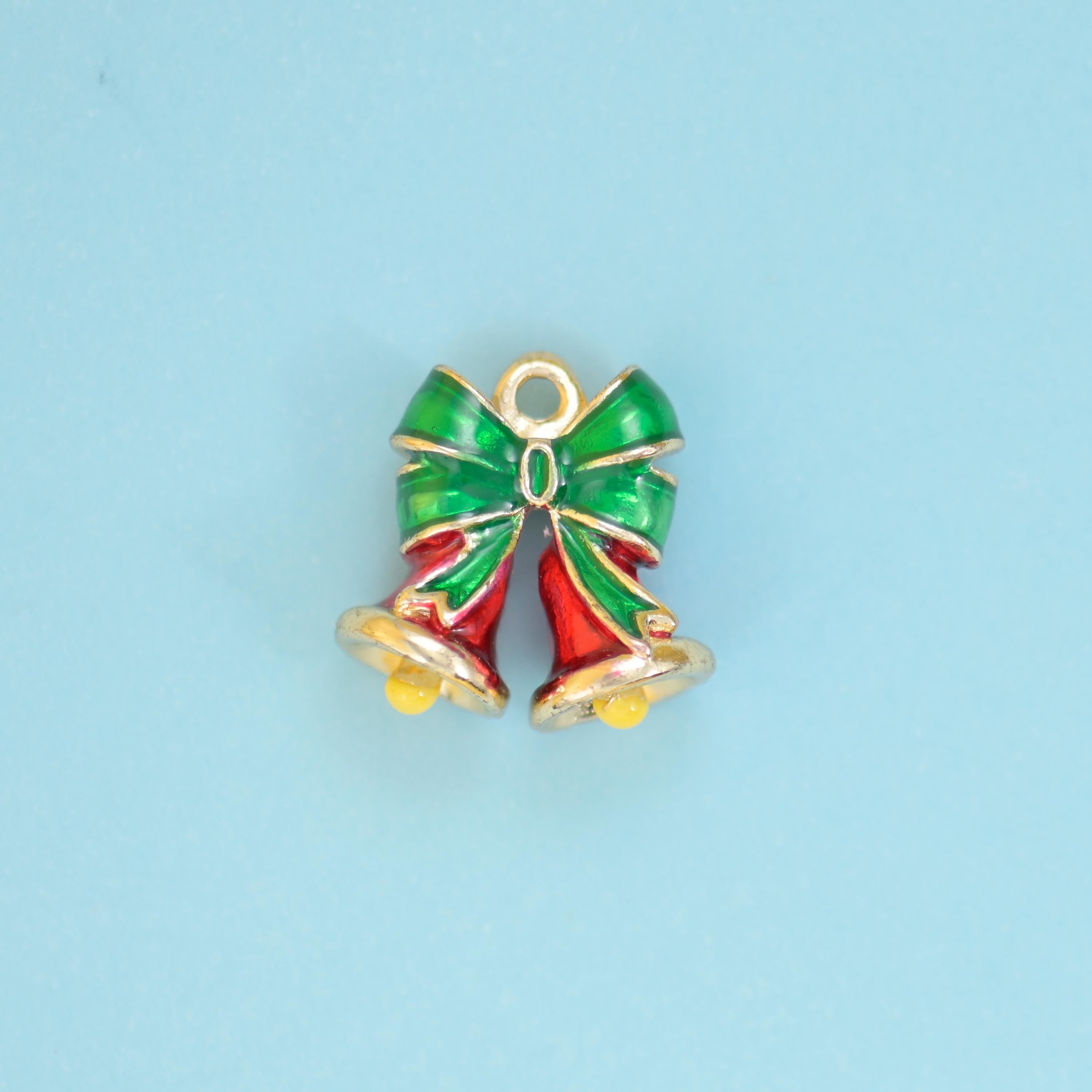 Brass beads, christmas bell pair with a bow, 13 x 12mm