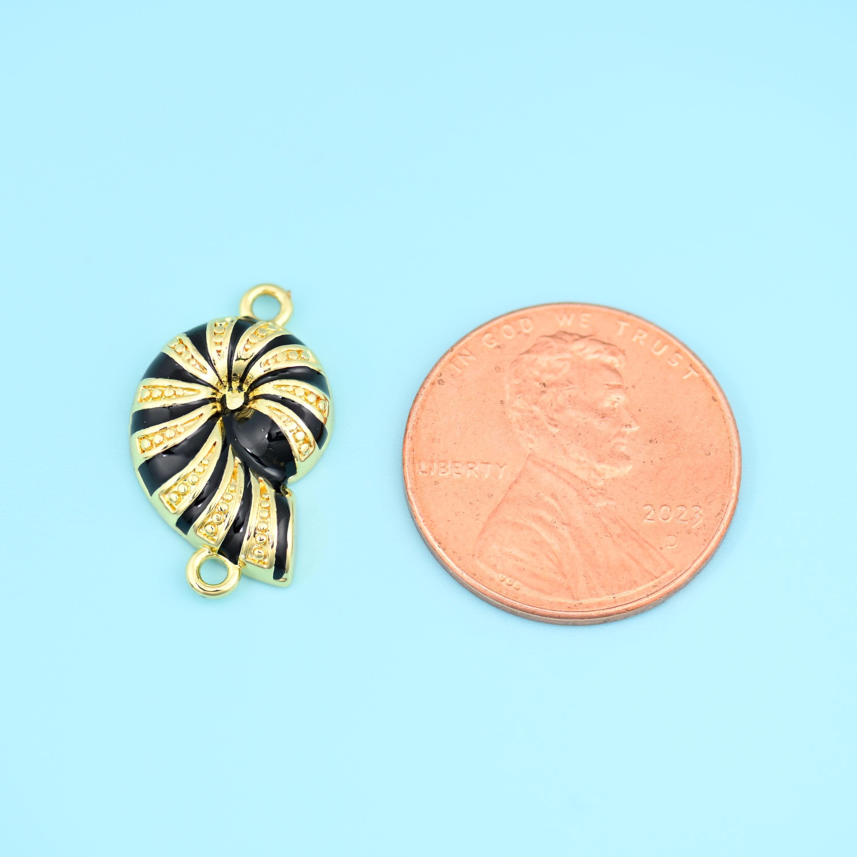18K Gold Filled Black Enamel Sea Snail Shell Charm Connector 19x11mm in black enamel with 18K gold
