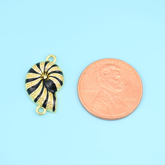 18K Gold Filled Black Enamel Sea Snail Shell Charm Connector 19x11mm in black enamel with 18K gold