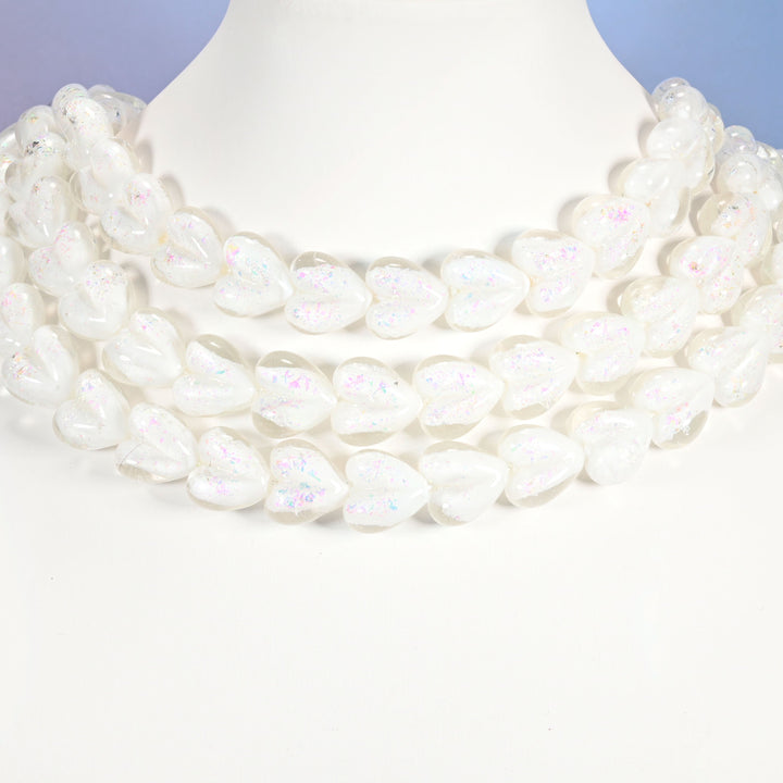 White iridescent glass heart beads, 16x15mm