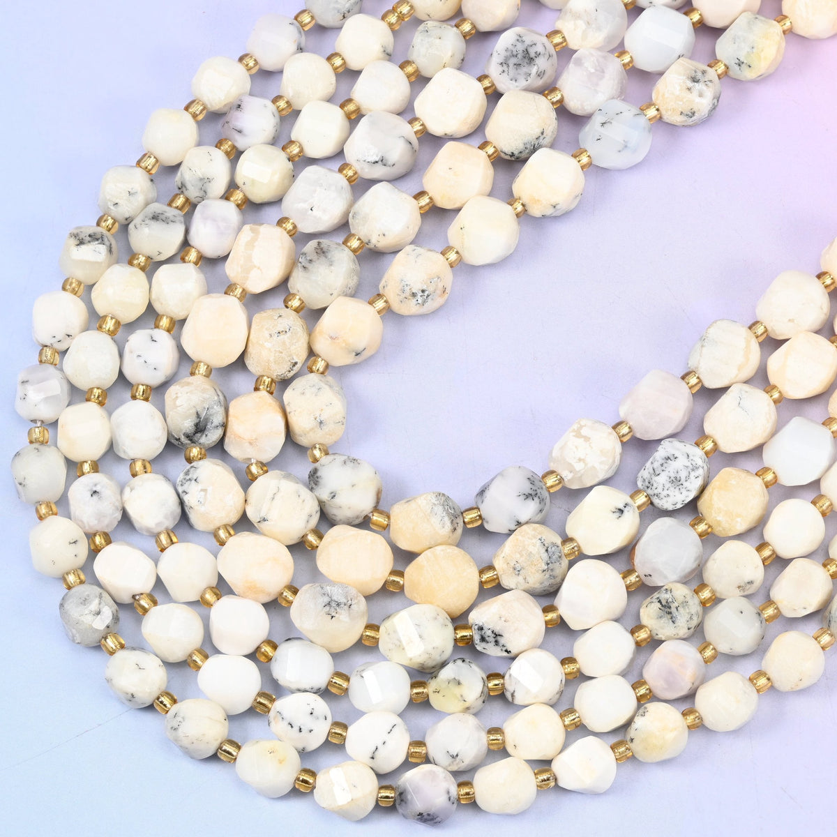 White Opal Faceted Spiral Twist Beads, 15 inch strand