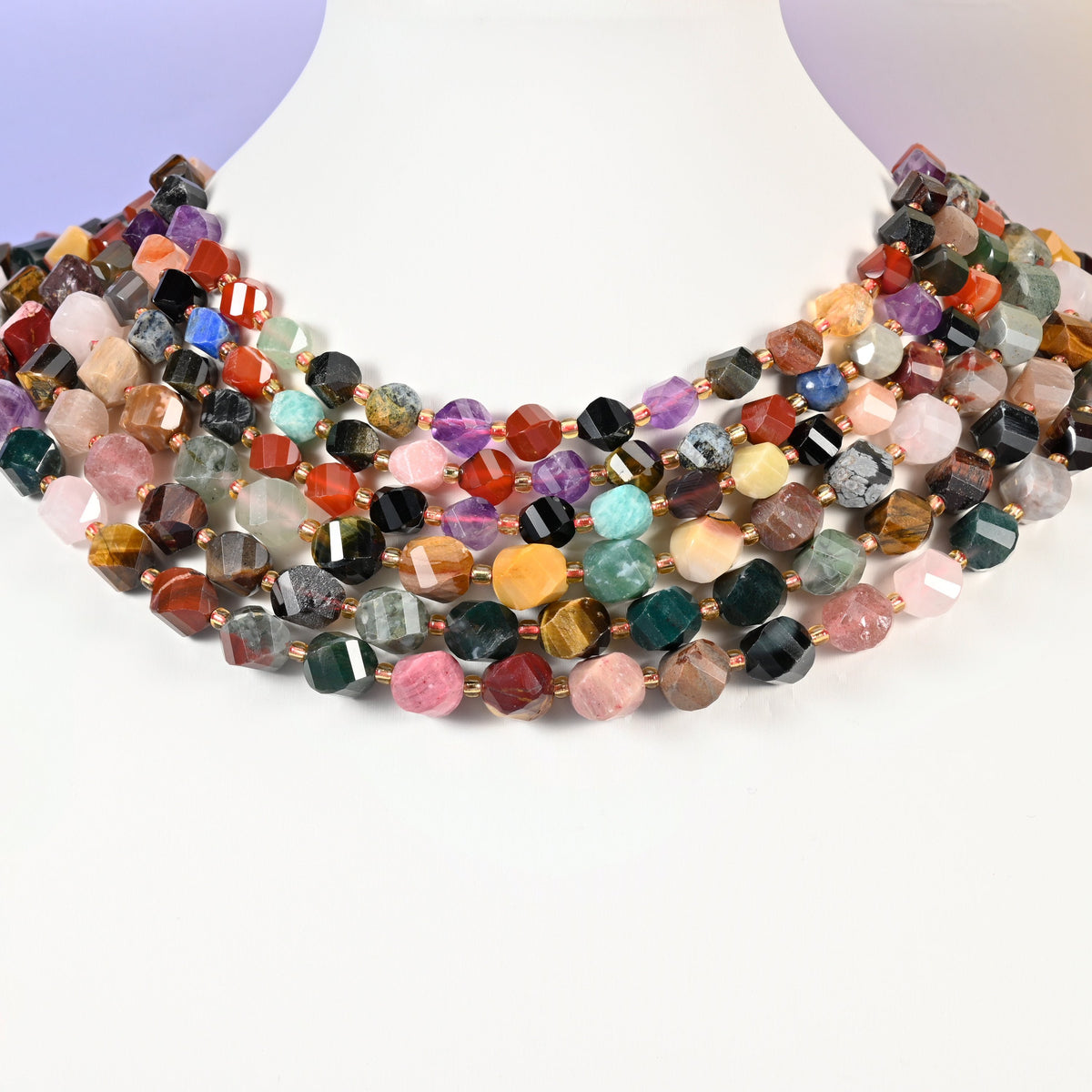 Assorted natural gemstone beads, faceted spiral twist, 8mm, 10mm