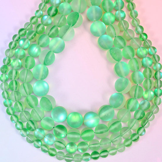 Iridescent Matte Green Round Glass Beads, approximately 1.0mm drill hole