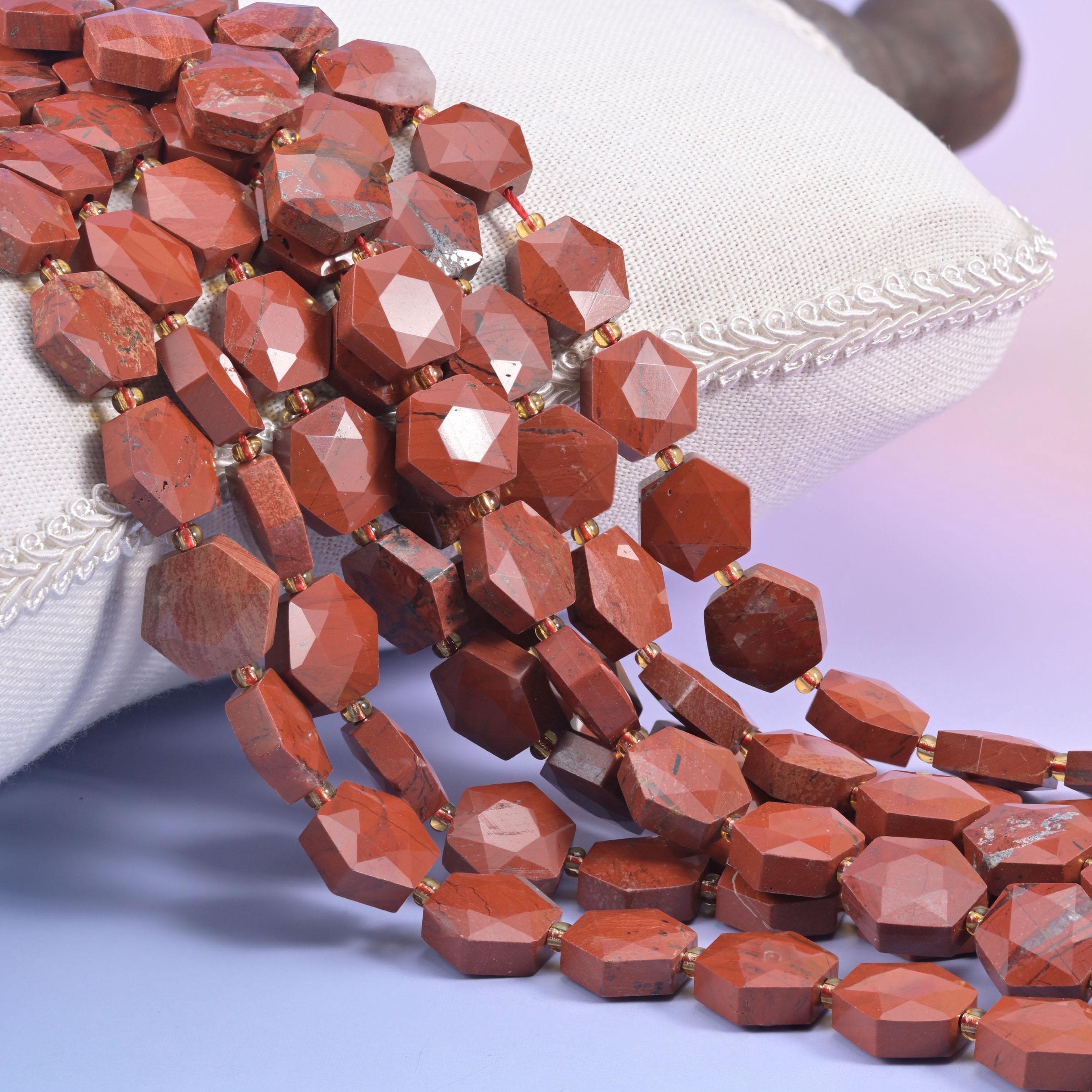 Red Jasper flat faceted hexagon beads in warm brick-red with tan and grey veining
