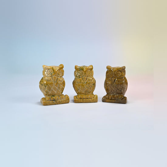 Owl crystal carving in ocean jasper, golden brown and green natural stone