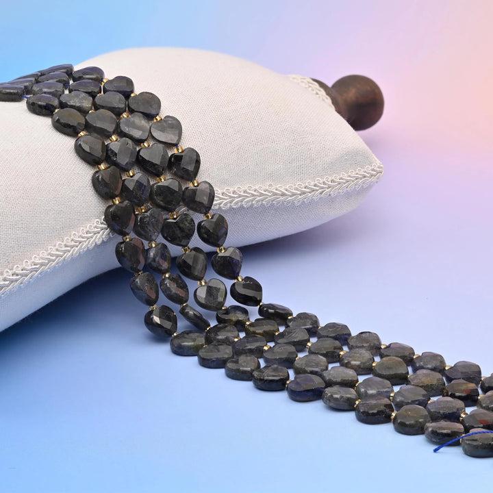 Natural Iolite faceted heart beads, smoky violet-grey with a blue-purple glow in light