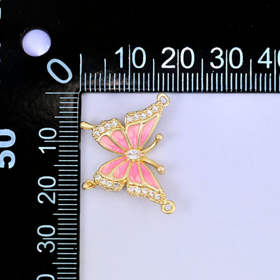 Enamel Pink Butterfly Zircon Pendants: 18K Gold Plated Double Connector, Jewelry Making Supply