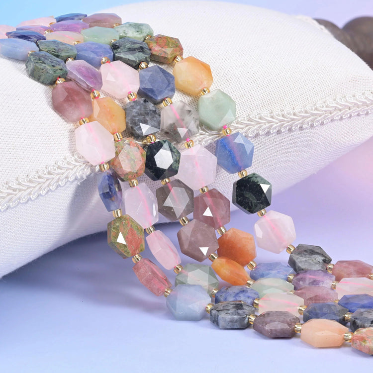 Assorted Gemstone Flat Faceted Hexagon Beads 12mm