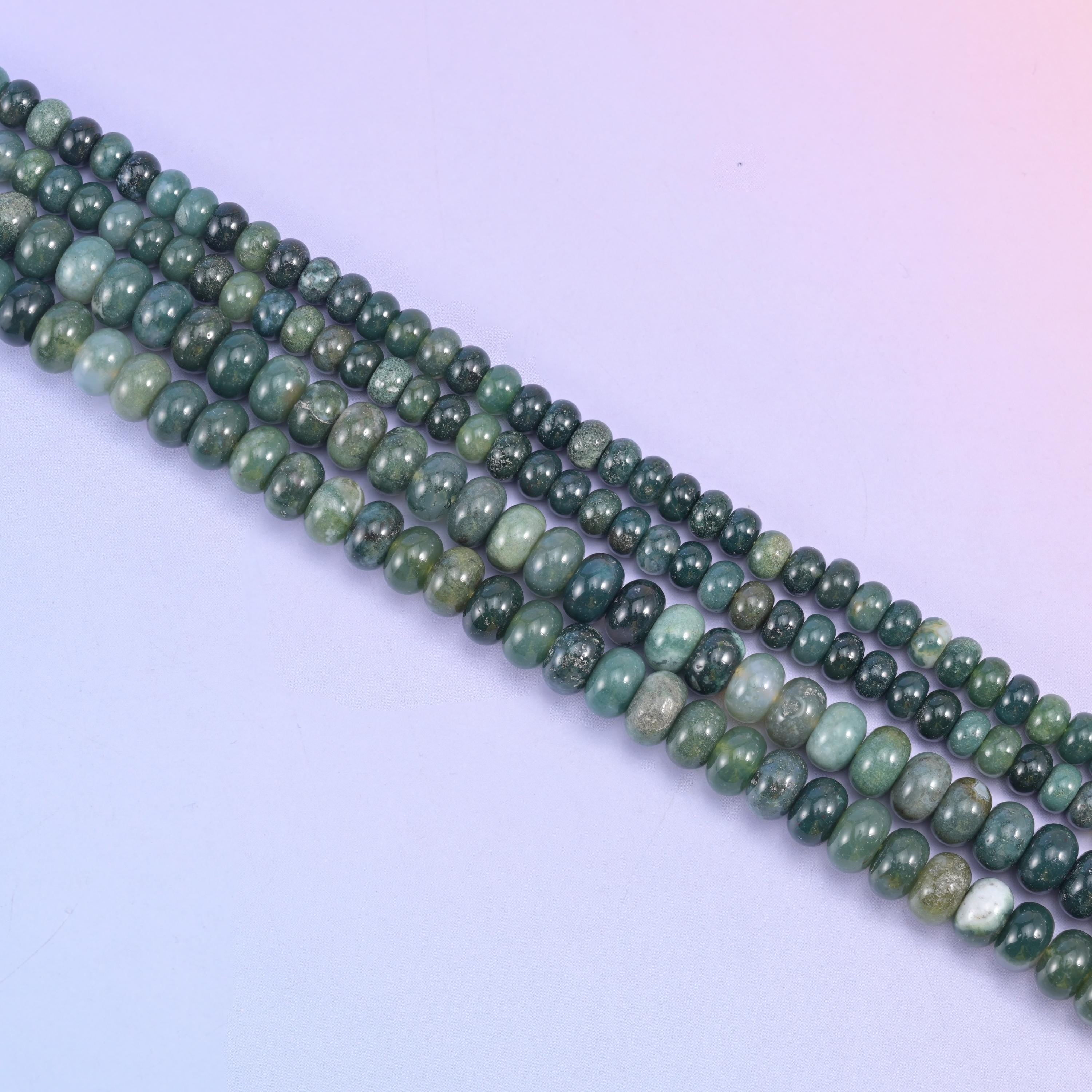 Moss Agate rondelle beads in forest green with mossy translucent inclusions