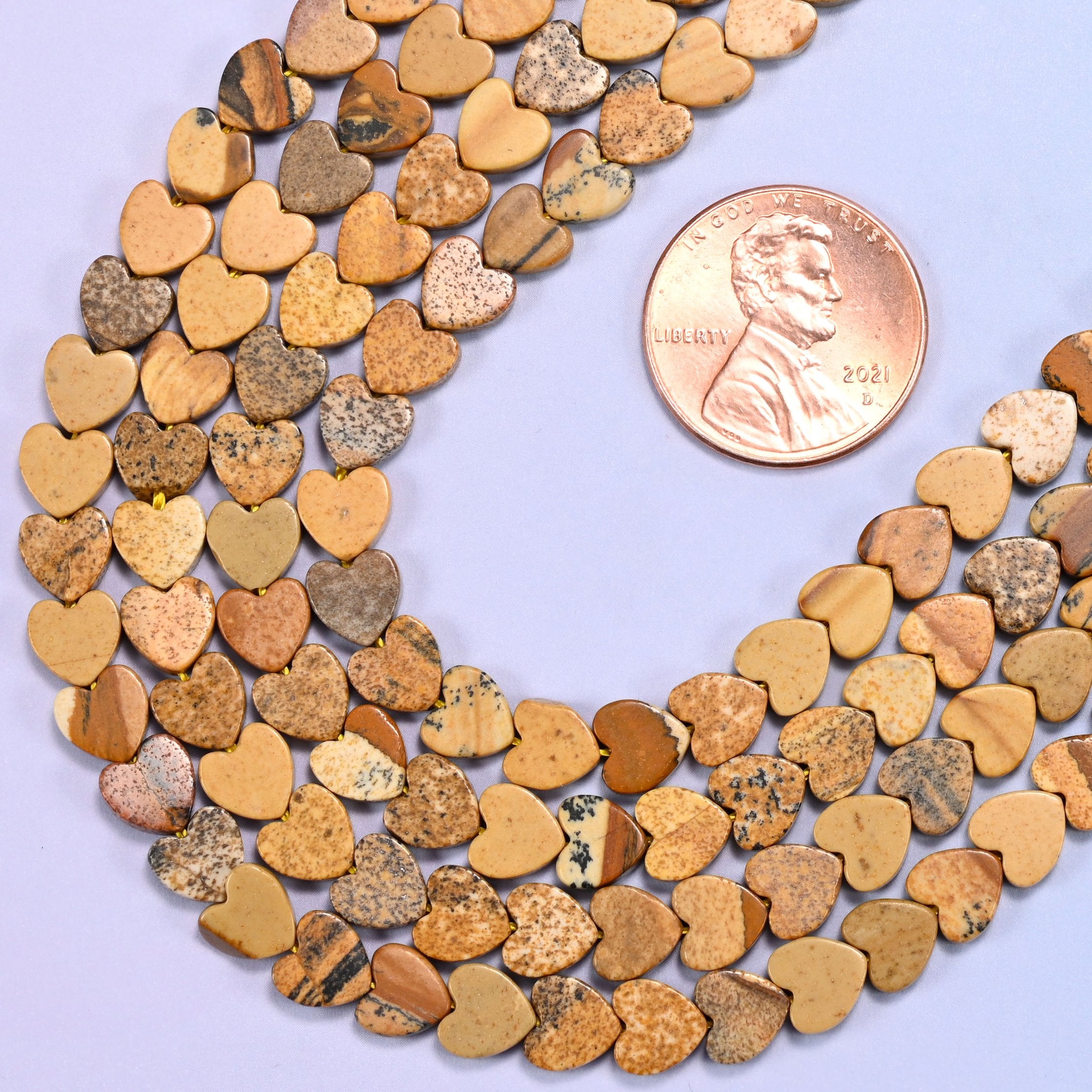 Picture Jasper Flat Heart Beads: Size 6mm, Jewelry Making, 15 Inch Strand