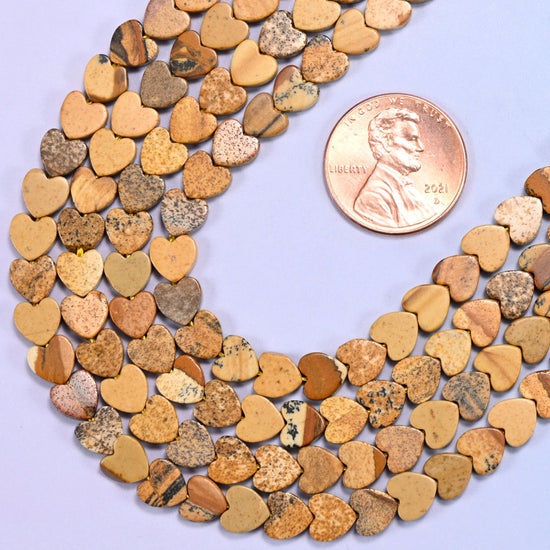 Picture Jasper Flat Heart Beads: Size 6mm, Jewelry Making, 15 Inch Strand